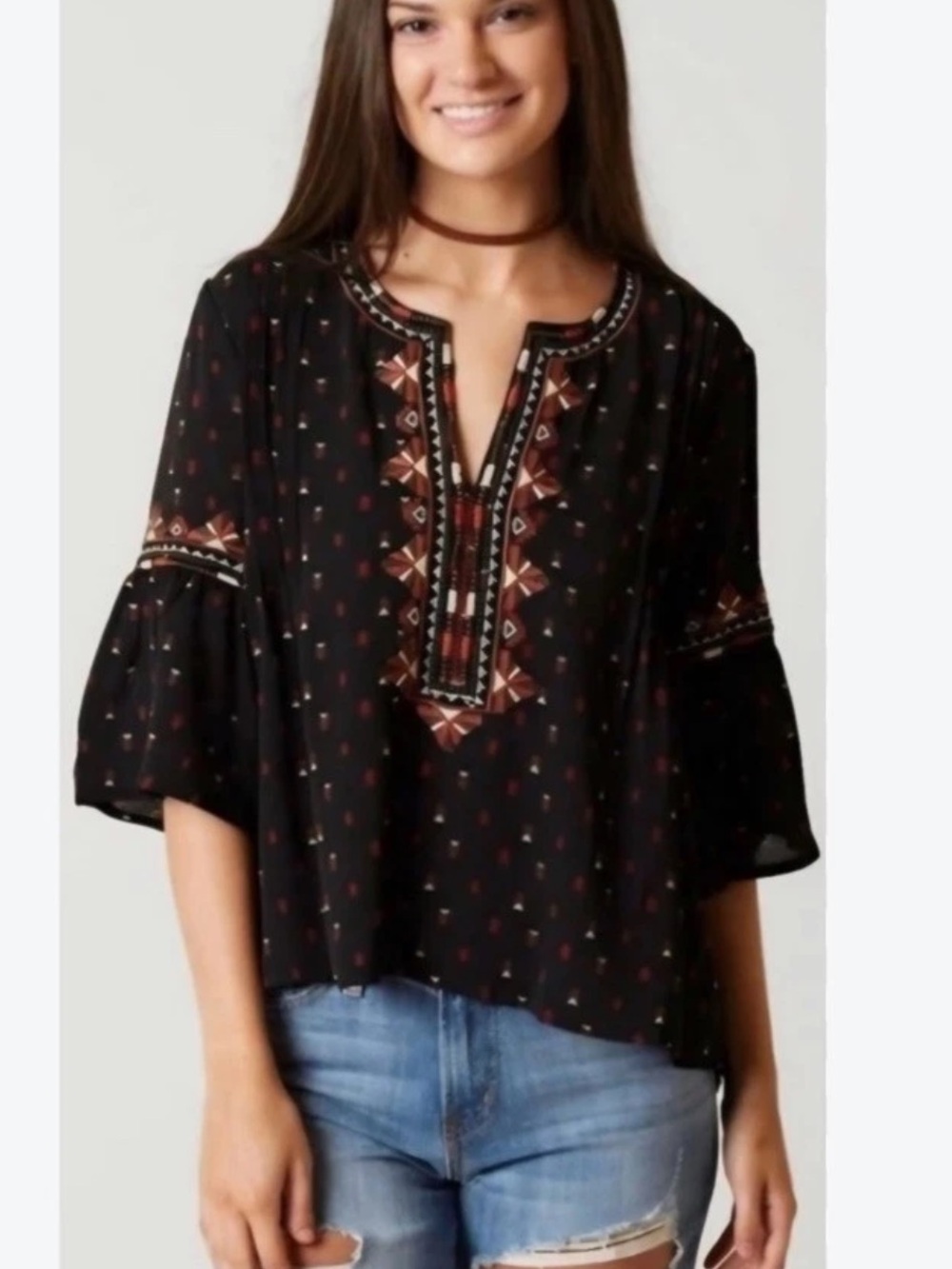 Miss Me Black Embroidered V-Neck Boho Blouse. Size Small